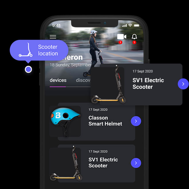 Rider checking the Beyond mobile app beside an SV1 scooter